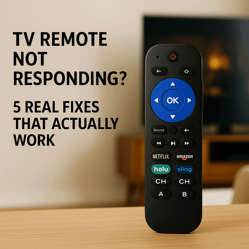 TV remote control with text asking if it's not responding and listing five effective fixes.