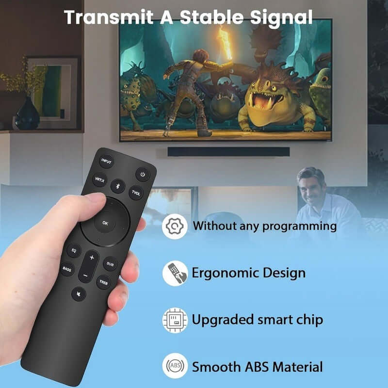 Hand holding V21-H8 Bluetooth remote, featuring ergonomic design and stable signal, suitable for Vizio soundbars.