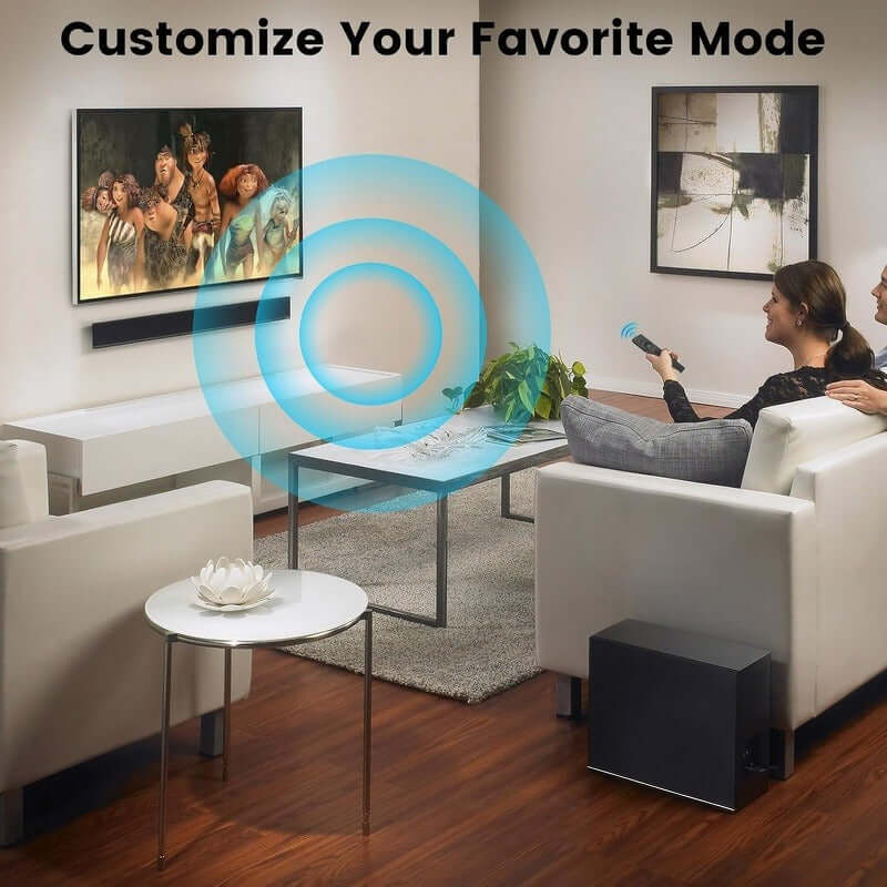 Living room with a modern setup, showcasing customizable sound modes for a theater experience.