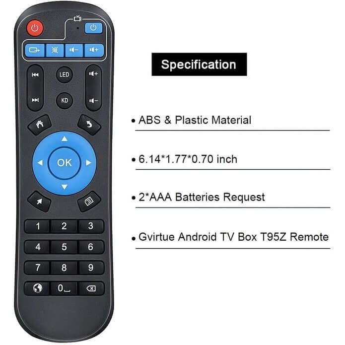 Gvirtue Android TV Box T95Z remote control specifications including dimensions and material details.