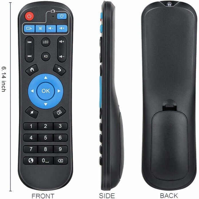Gvirtue universal remote control for Android TV Box featuring ergonomic design with large buttons, side and back views.