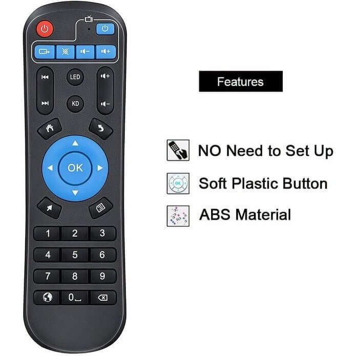 Gvirtue universal remote for Android TV box showcasing features like soft plastic buttons and ABS material.